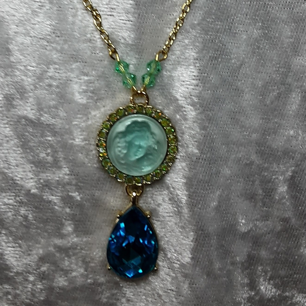 Handmade Angel Cameo Glass Necklace Teal Green 22" Long Chain Mother's Day Gift - Picture 6 of 9